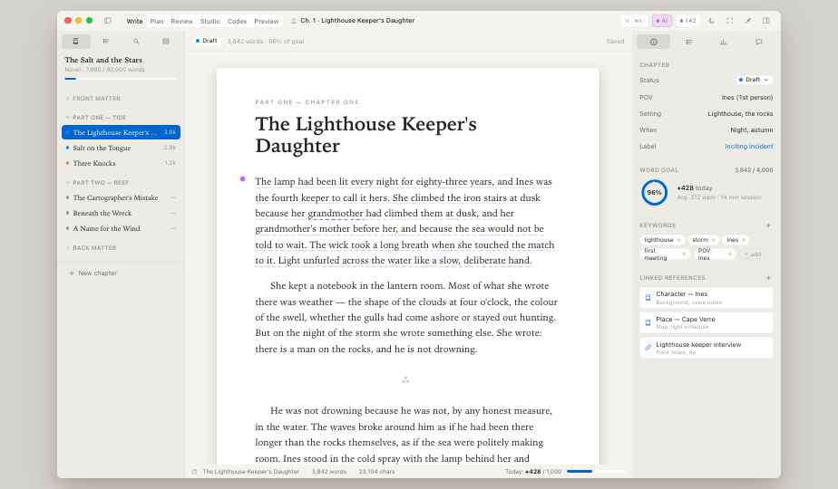 Incipor Write mode — manuscript page with chapter sidebar and inspector showing chapter metadata, word goal, keywords, and linked references.
