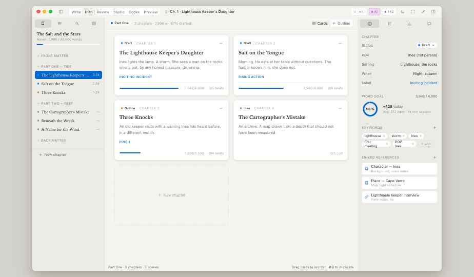 Incipor Plan mode — chapter cards arranged on a board with status pills (Draft, Outline, Idea) and beat labels (Inciting Incident, Rising Action, Pinch).
