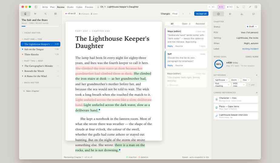 Incipor Review mode — inline diff with strike-through deletions and insertion underlines, with editor comments threaded in the right pane.