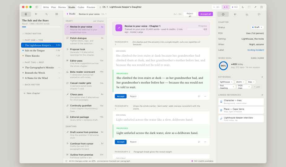 Incipor Studio mode — left sidebar lists editorial helpers; centre pane shows a side-by-side accept-or-reject diff of a proposed paragraph revision.