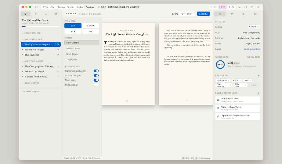 Incipor Preview mode — rendered preview of the manuscript with formatted chapter opener, body prose, and pagination.